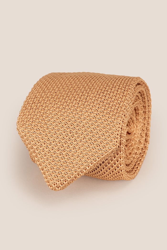 Ash Beige knitted tie with hand finishing, perfect for weddings and formal occasions.
