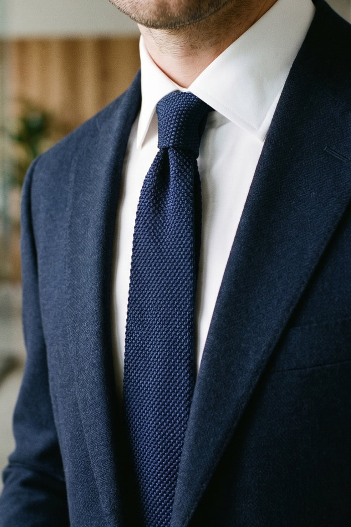 Ash Navy knitted tie with hand finishing, perfect for weddings and formal occasions.