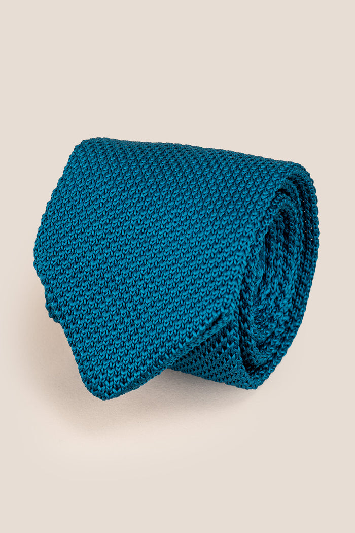Ash Teal knitted tie with hand finishing, ideal for weddings and formal events.