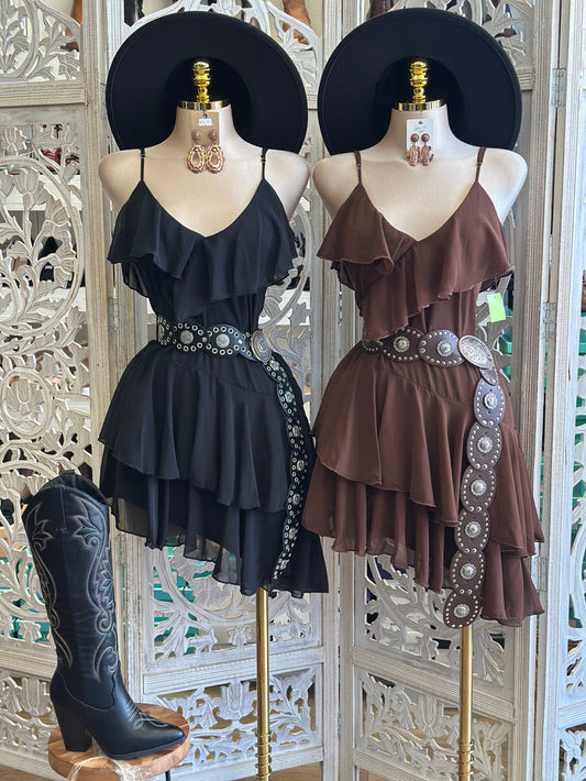 Asymmetrical Ruffle Cami Mini Dress- Not Stretchy ,No Estira