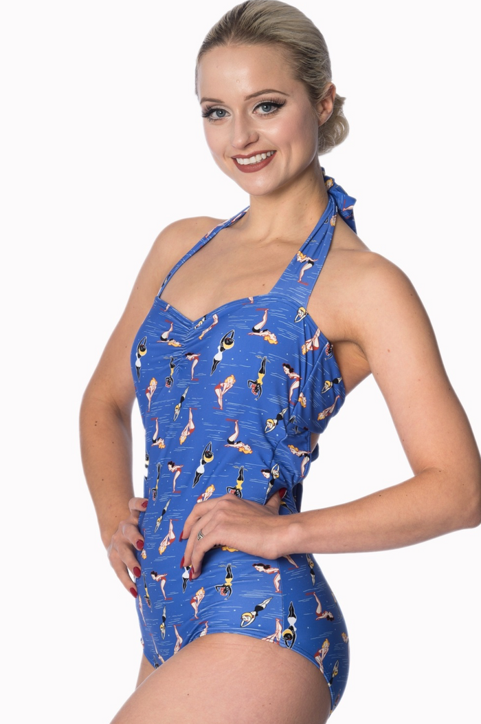 Badeanzug Dive In mit Vinate-Turmspring-Motiv, Blau