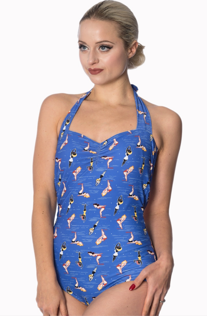 Badeanzug Dive In mit Vinate-Turmspring-Motiv, Blau