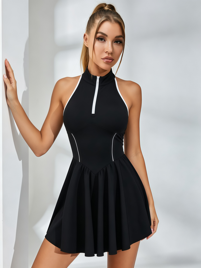 Black Halter Half-Zip Open-Back Corset Tennis Dress