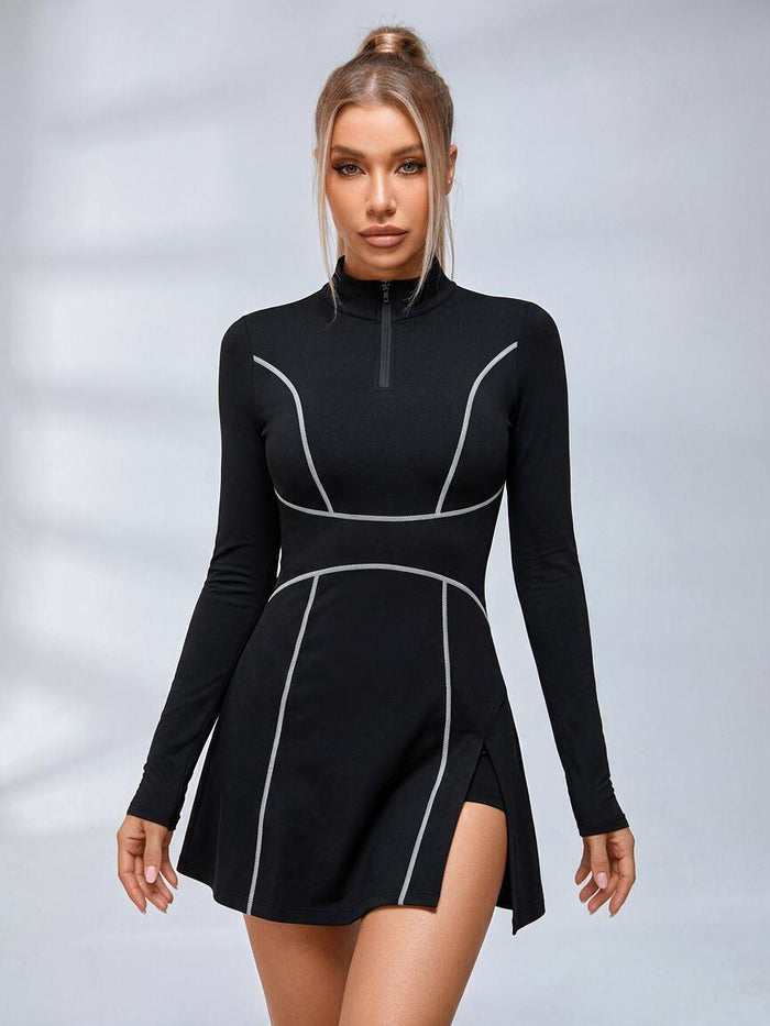 Black Long-Sleeve Half-Zip Contrast Stitch Tennis Dress with Built-In Shorts