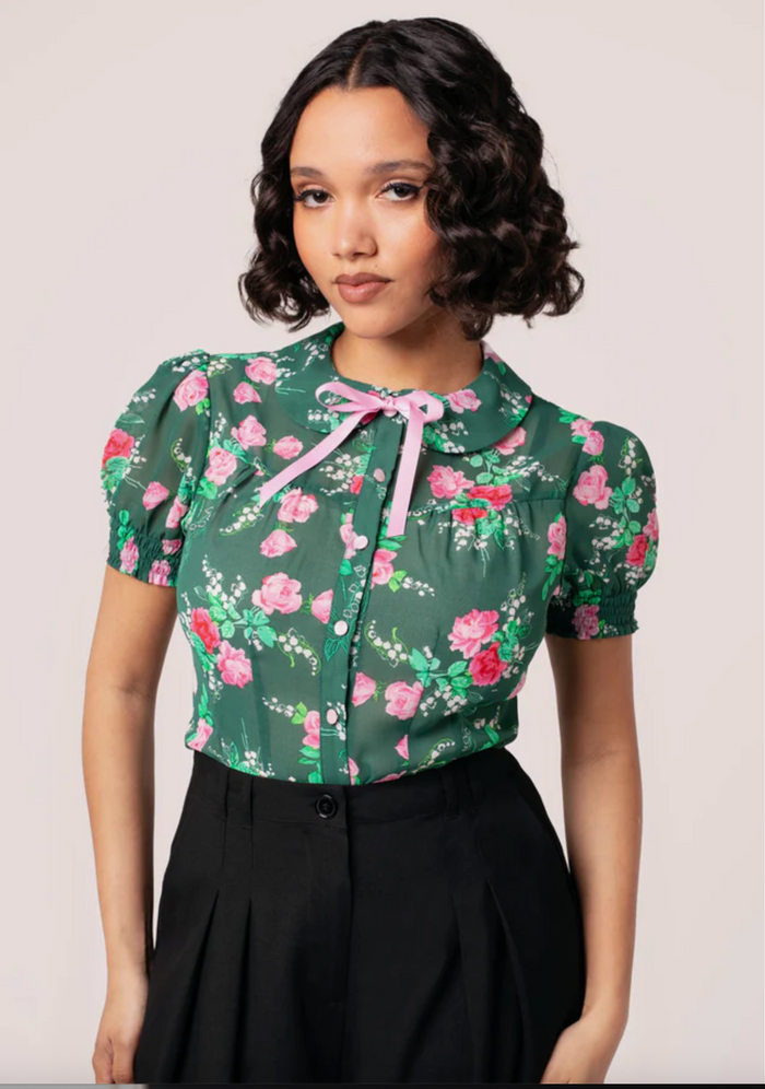 Bluse Mabel Roses,40's, Grün, Plus Size
