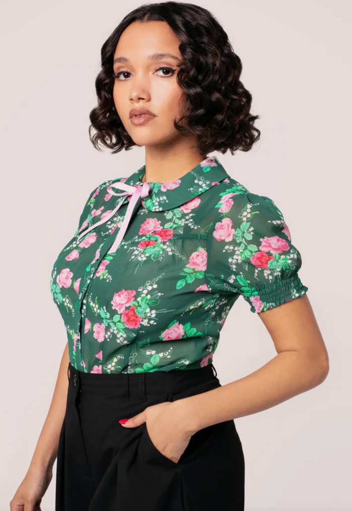 Bluse Mabel Roses,40's, Grün, Plus Size