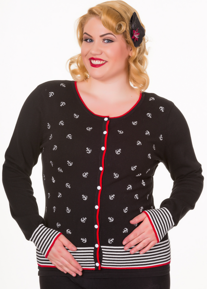 Cardigan Close Call mit Anker-Stickerrei,Schwarz, Plus Size