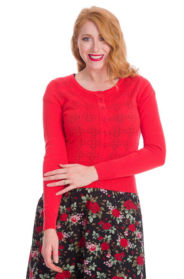 Cardigan Flower Knit mit Blumen-Lochstickerrei, Rot