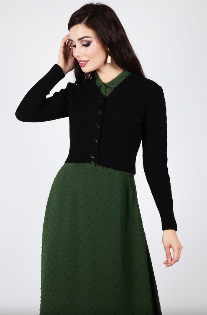 Cardigan im Retro‑Look – feines Zopfmuster Mabel Cropped, Schwarz, Plus Size