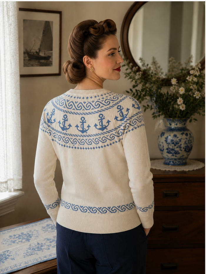 Cardigan mit Anker-Motiv, Creme-Blau