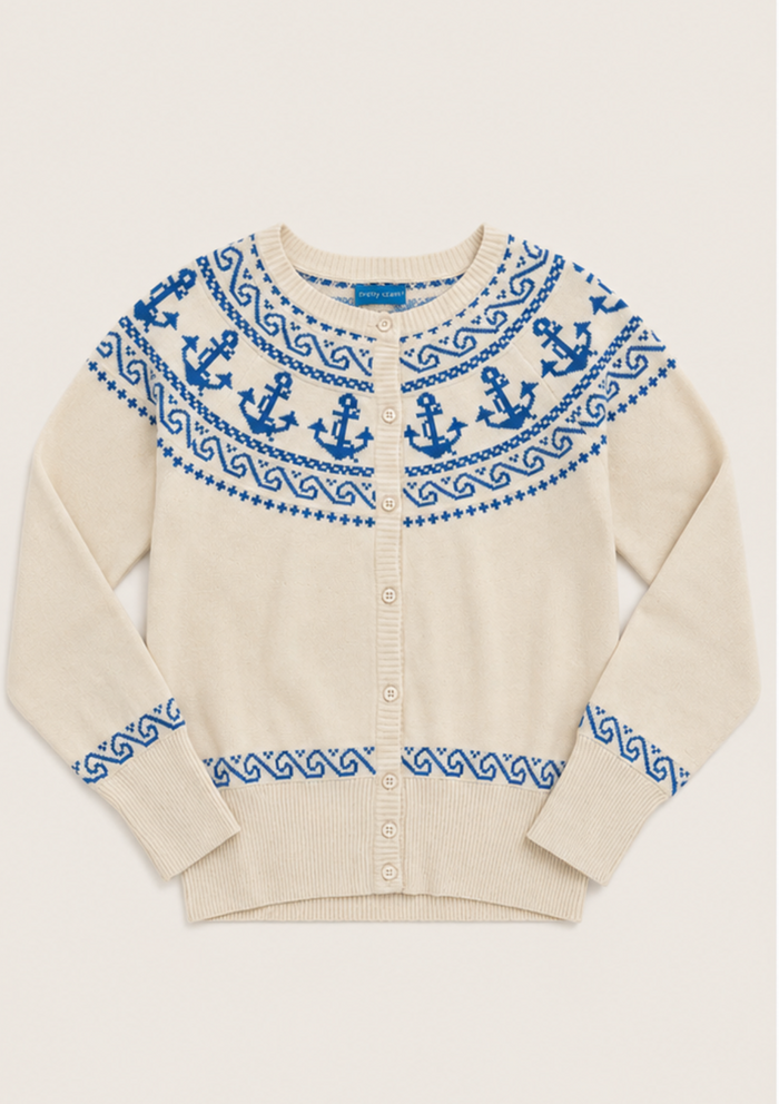 Cardigan mit Anker-Motiv, Creme-Blau