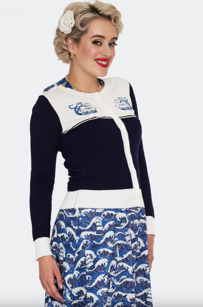 Cardigan mit Schiffstickerei , Blue Nautical Wave Embroidery, Navy