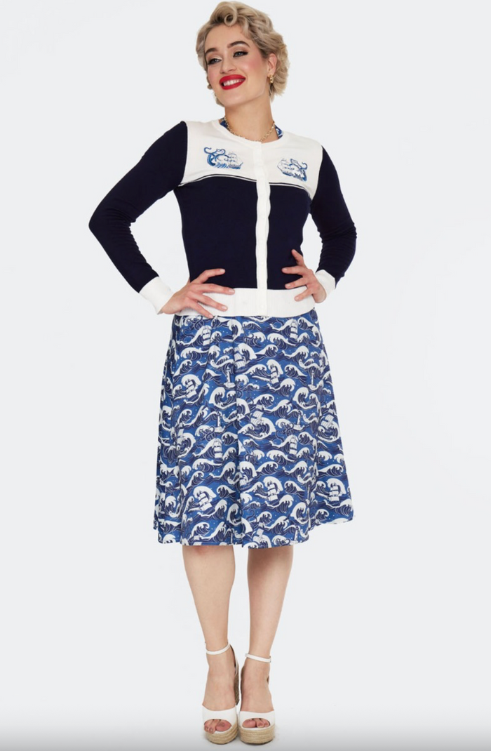 Cardigan mit Schiffstickerei , Blue Nautical Wave Embroidery, Navy