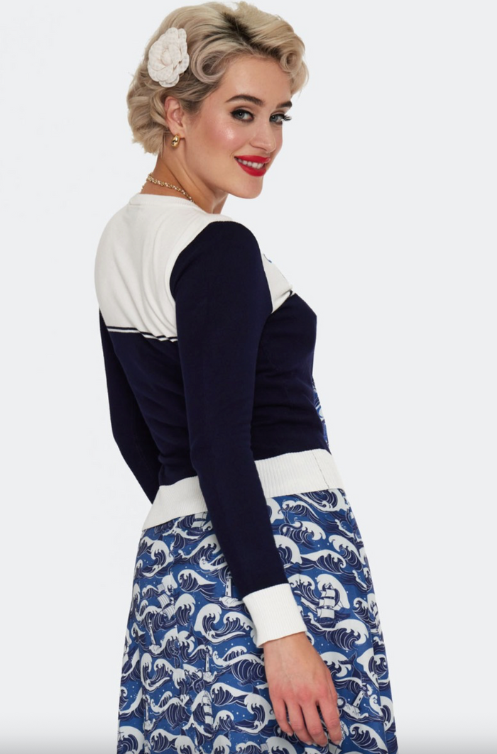 Cardigan mit Schiffstickerei , Blue Nautical Wave Embroidery, Navy