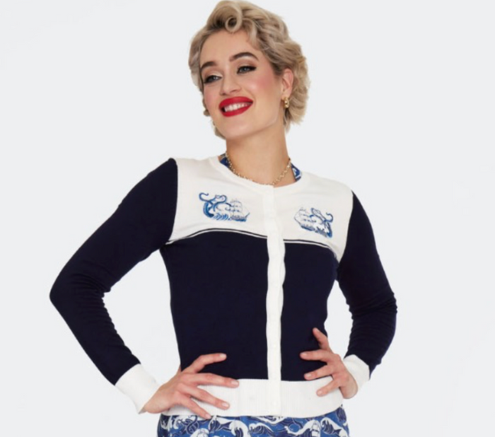 Cardigan, Schiffstickerei , Blue Nautical Wave Embroidery, Navy Plus Size