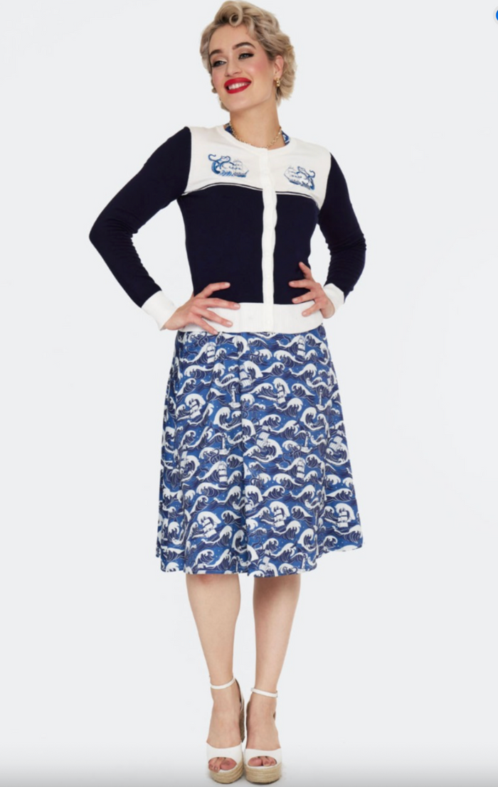 Cardigan, Schiffstickerei , Blue Nautical Wave Embroidery, Navy Plus Size