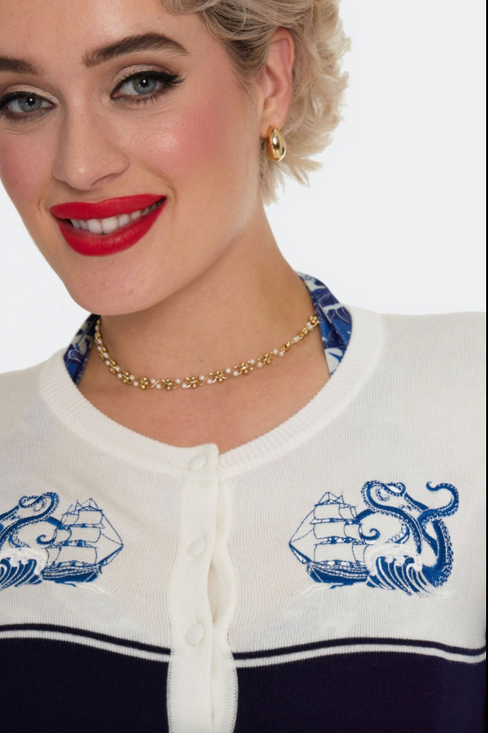 Cardigan, Schiffstickerei , Blue Nautical Wave Embroidery, Navy Plus Size