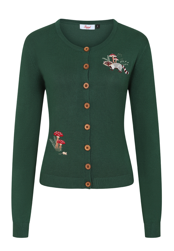 Cardigan Woodland Mushroom mit Waschbär-Pilz-Stickerrei, Flaschengrün