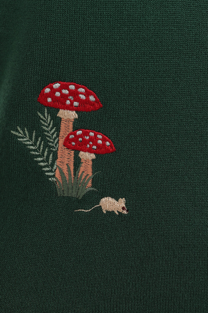 Cardigan Woodland Mushroom mit Waschbär-Pilz-Stickerrei, Flaschengrün
