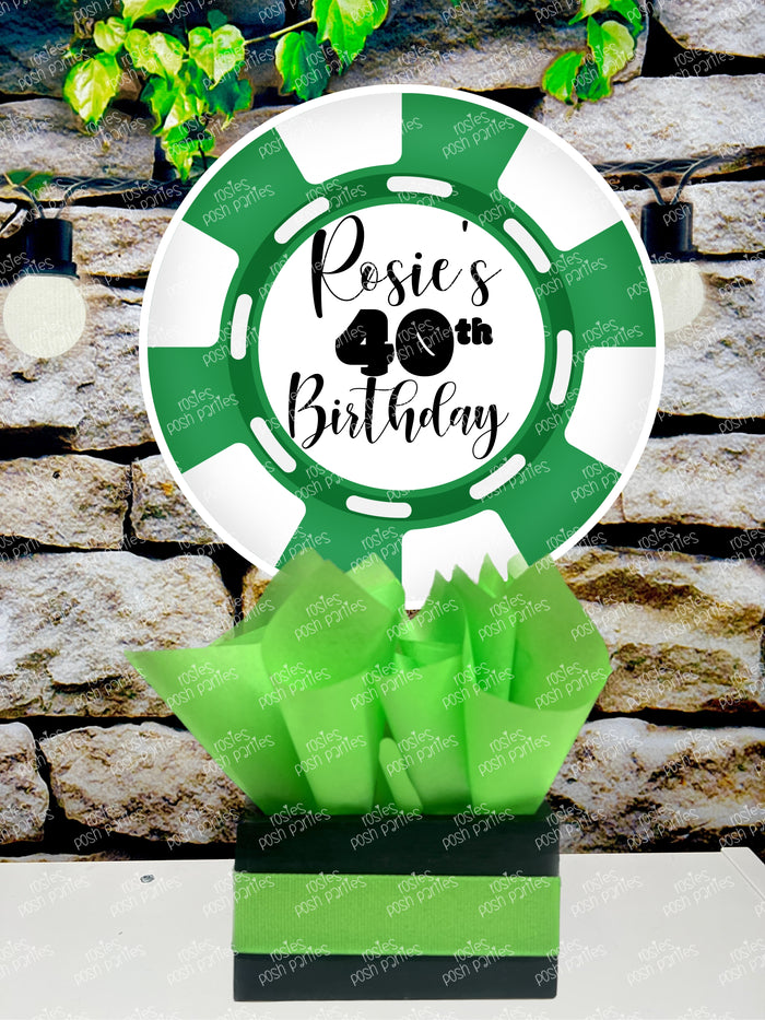 Set of four casino poker chip table centerpieces in red, yellow, green, and blue, personalized for your next event with matching tissue paper and base trim