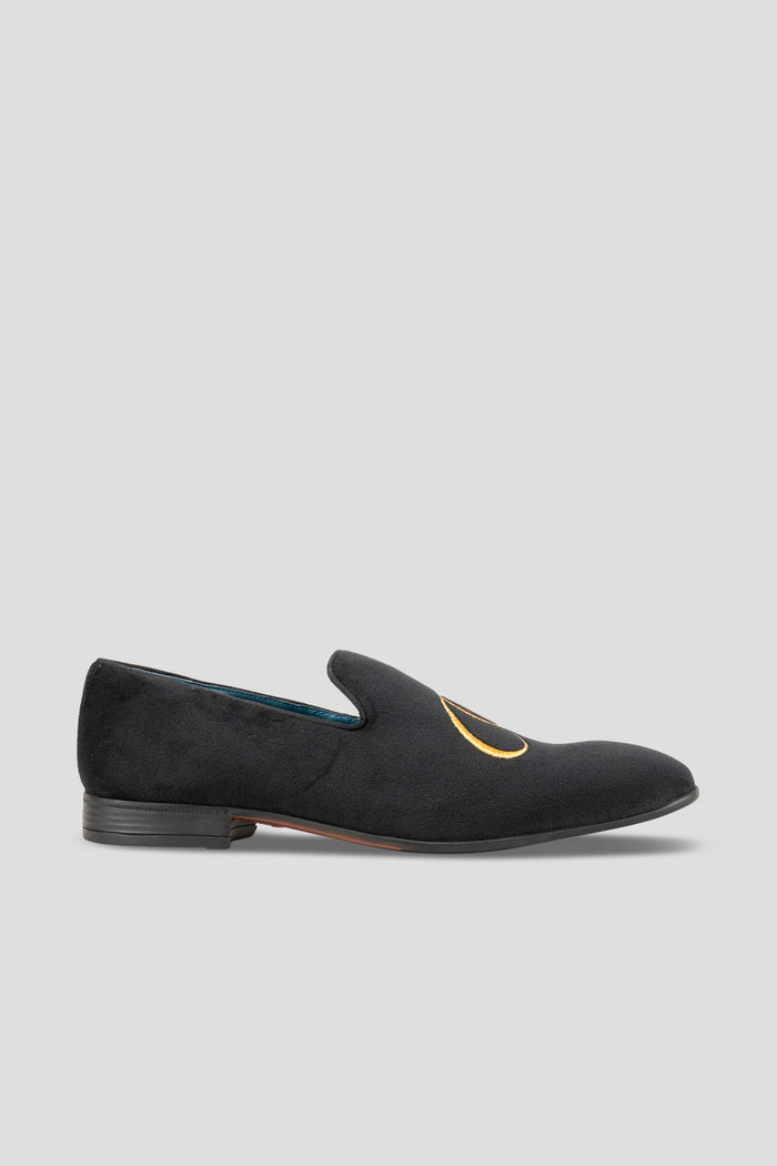 Men’s Charles black velvet loafers with custom embroidered initials, offering a timeless, personalised touch for luxury gifting or formal occasions.