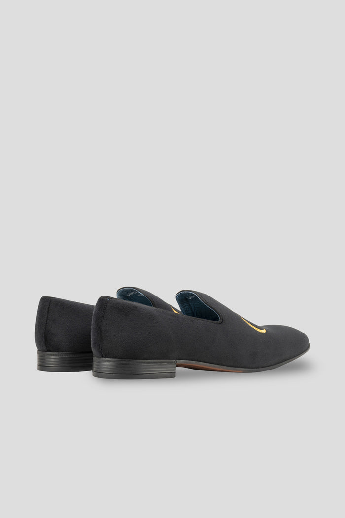 Men’s Charles black velvet loafers with custom embroidered initials, offering a timeless, personalised touch for luxury gifting or formal occasions.