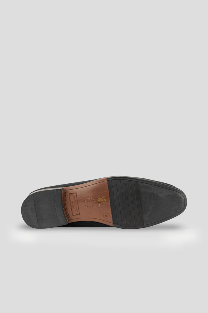 Men’s Charles black velvet loafers with custom embroidered initials, offering a timeless, personalised touch for luxury gifting or formal occasions.
