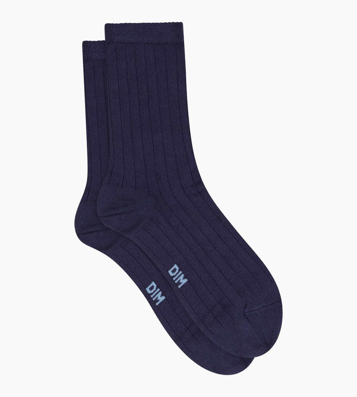 Chaussettes femme côtelées en coton satiné Bleu Dim Mode