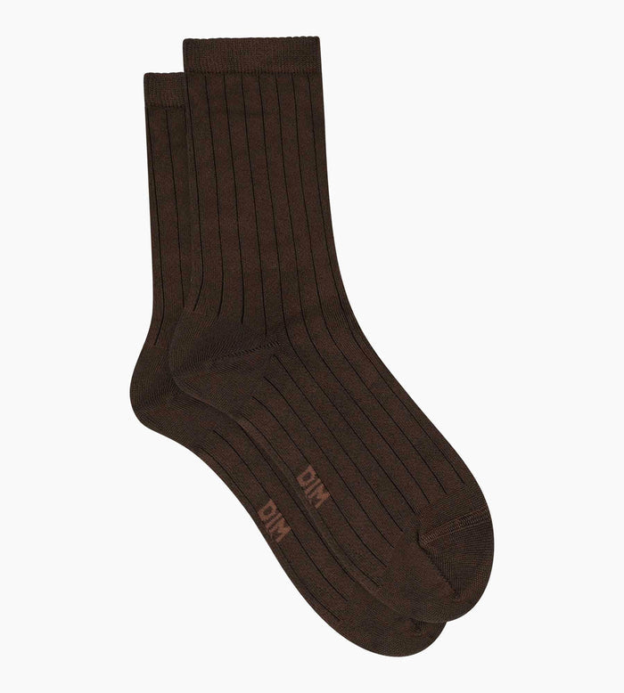 Chaussettes femme côtelées en coton satiné Marron Dim Mode
