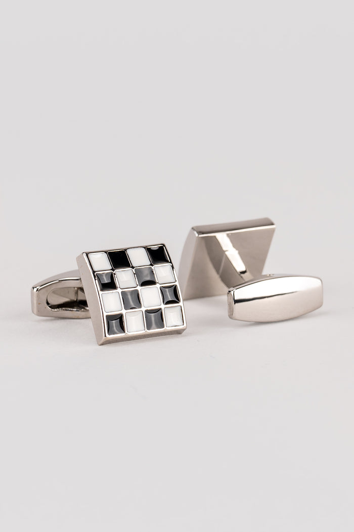 Chess Black/White Men’s Cufflinks with checkered black and white enamel design, ideal for weddings and formal occasions.