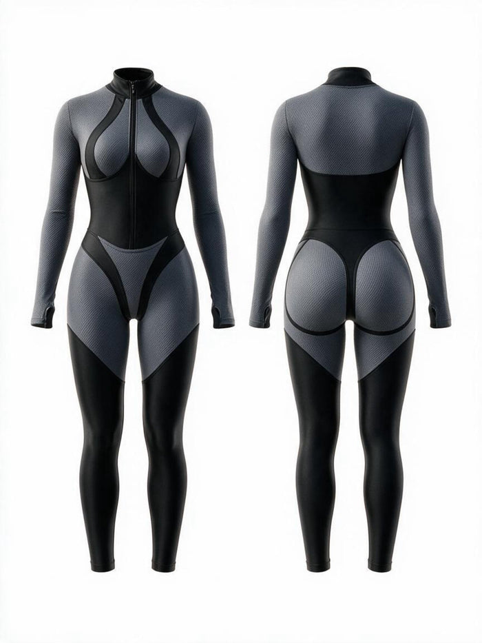 Color Block Half Zip Long Sleeve Fitness Jumpsuit