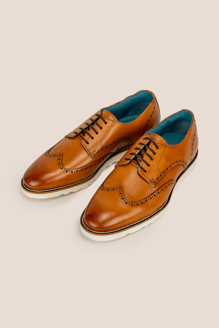 Men’s Conner tan leather derby trainers combining classic leather with sporty trainer design for versatile casual and smart looks.