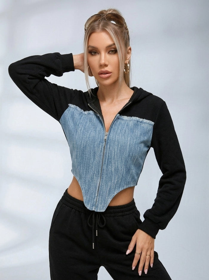 Contrast Color Denim Zipper Hoodie