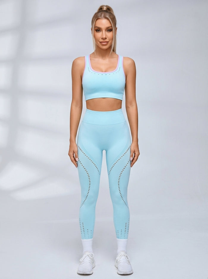 Contrast Color Fishnet Elastic Tight Tracksuit
