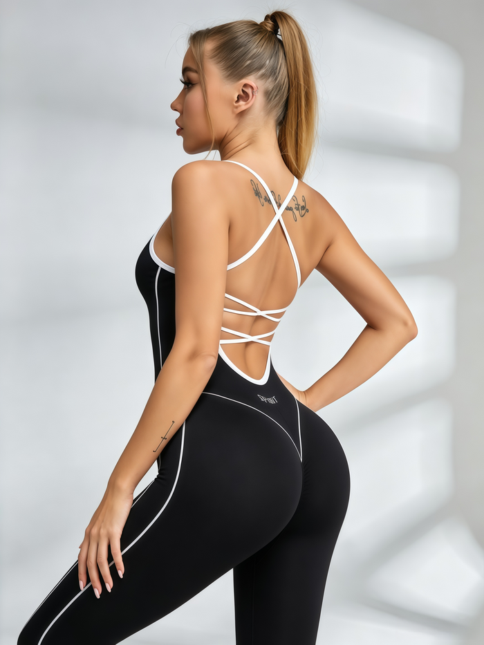 Contrast Piping Crisscross Back Active Jumpsuit