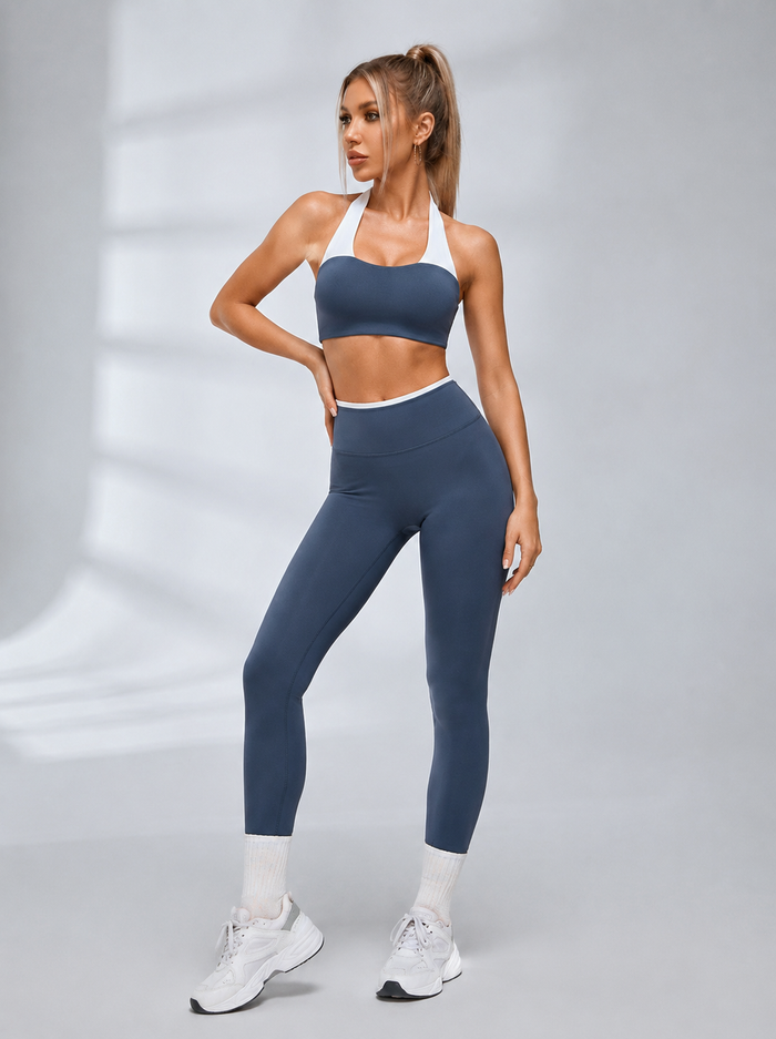 Contrast Trim Halter Sports Bra High Waist Hip Lifting Yoga Tracksuit