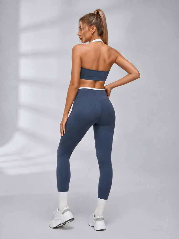Contrast Trim Halter Sports Bra High Waist Hip Lifting Yoga Tracksuit