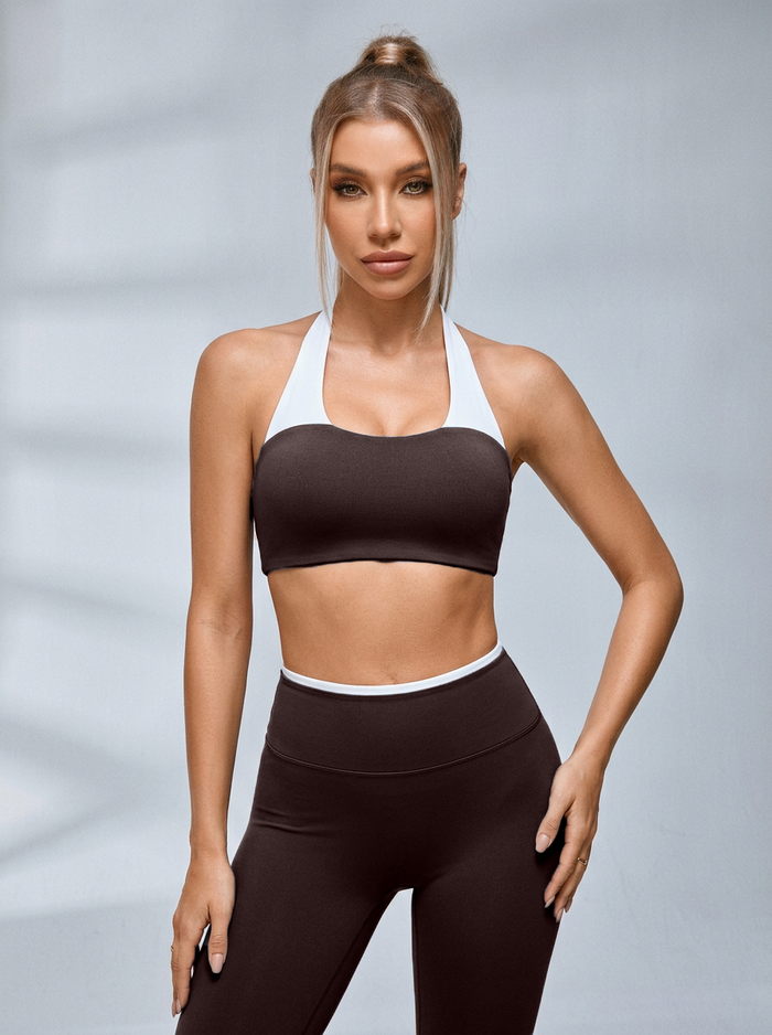 Contrast Trim Halter Sports Bra High Waist Hip Lifting Yoga Tracksuit
