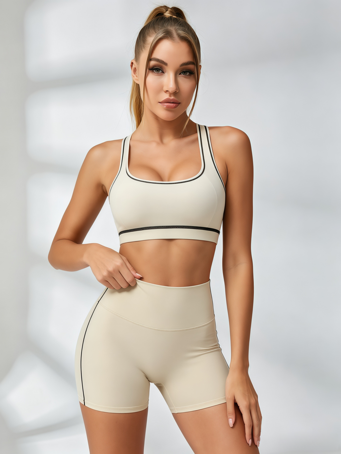 Contrast‑Trim Racerback Sports Bra & High‑Waisted Biker Shorts Set
