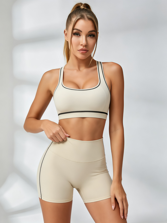 Contrast‑Trim Racerback Sports Bra & High‑Waisted Biker Shorts Set