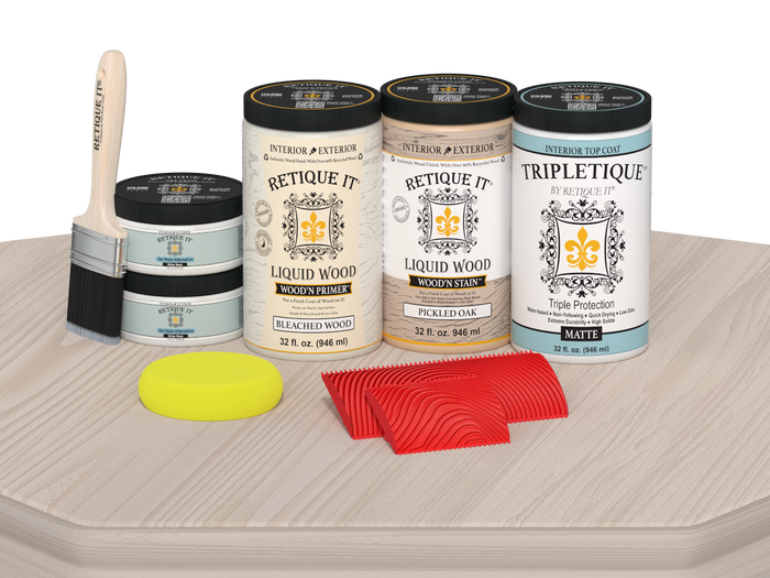 Sun bleached wood countertop kit from Retique It Wood'n Finish Kits, includes matte finish sample of full kitchen countertop.
