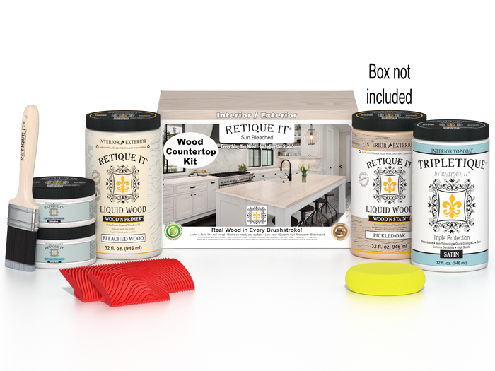 Sun bleached wood countertop kit by Retique It Wood'n Finish Kits, includes tools and materials for full kitchen countertop refinishing.