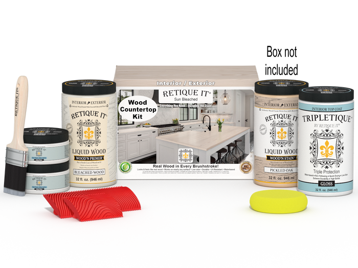 Retique It Sun Bleached Wood'n Finish countertop kit for full kitchen renovation, includes wood finish products and tools.