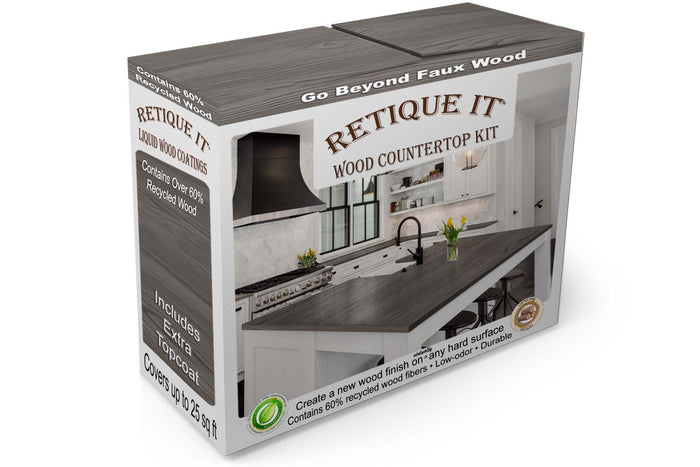 Retique It Harbor Gray countertop kit box with stained kitchen island countertop showing wood grain finish.