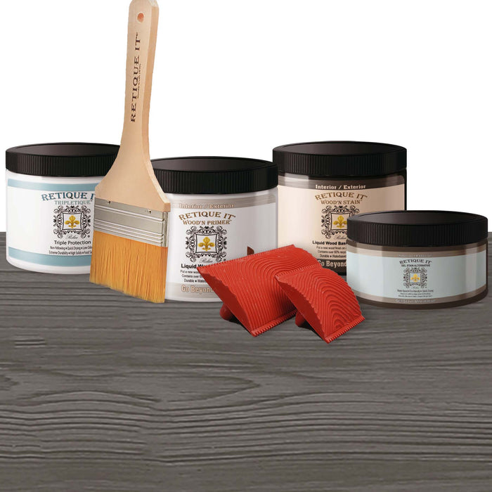 Retique It Harbor Gray wood countertop kit with stain gel, showcasing a finished kitchen island surface with a gray wood grain finish.