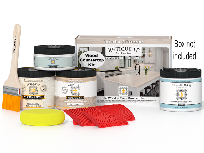 Sun-bleached wood finish kit for kitchen island countertops by Retique It Wood'n Finish Kits, includes tools and supplies.