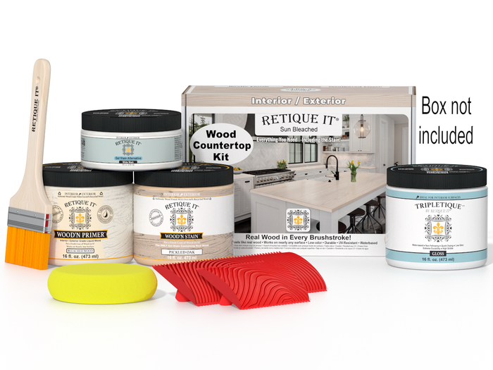 Sun bleached wood finish countertop kit by Retique It for kitchen islands, includes wood finish components in a box.