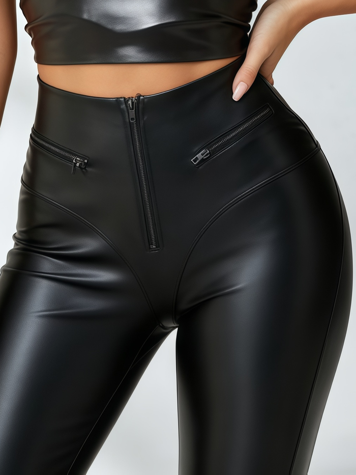 Crisscross Halter Faux-Leather Crop Top & Zipper Leggings Set