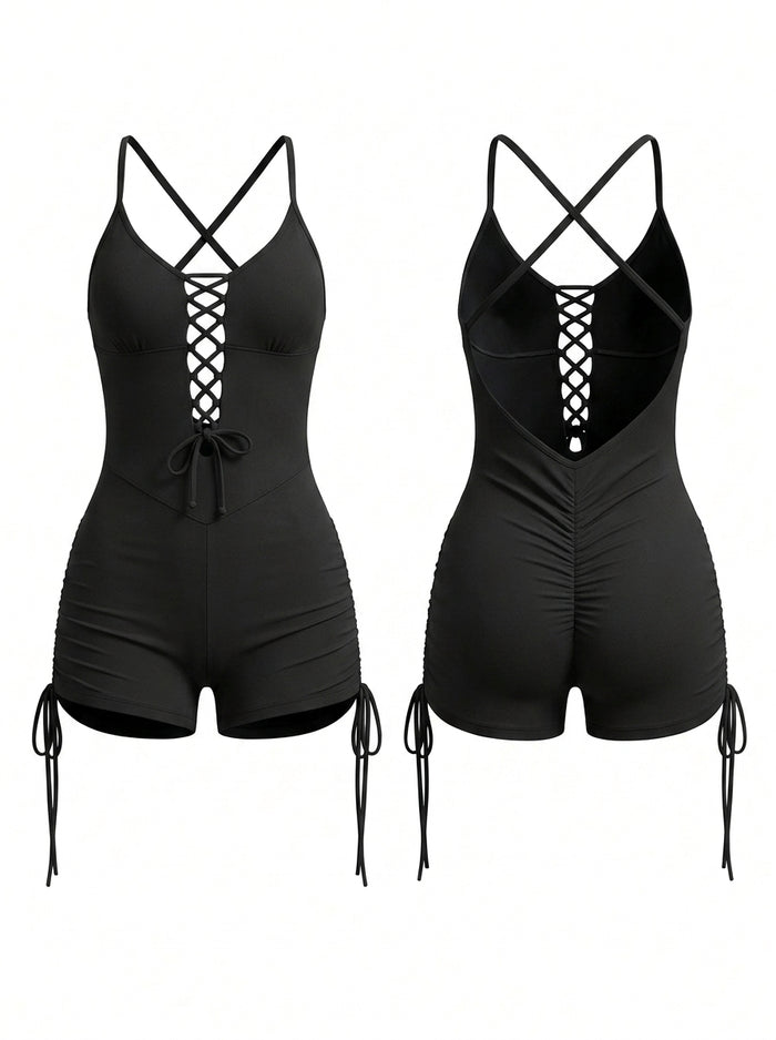 Cross Back Lace-Up Short Romper