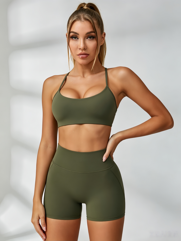 Cross Back V-neck with Chest Pads Quick Dry Push Up Design Short Tracksuit